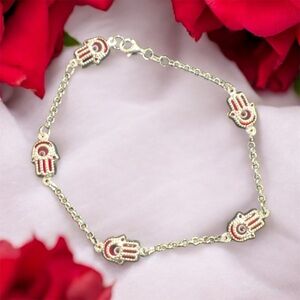 925 Sterling Silver Hamsa Hand Bracelet with Red Enamel